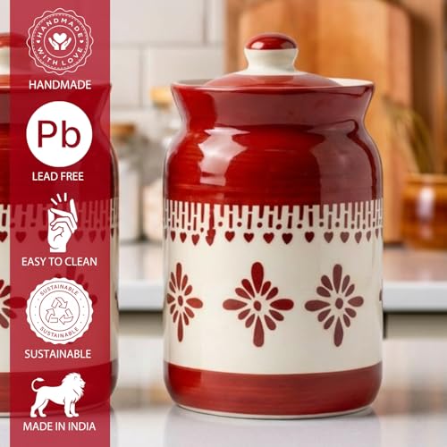 Image of Orange Jhalar Ceramic Handglazed Pickle Jars Set of 1-1000 ML Each | 1 kg Achaar Martban Barni Jar with Lid | Ceramic Storage Jar Container Pickle /Achar, Chatney