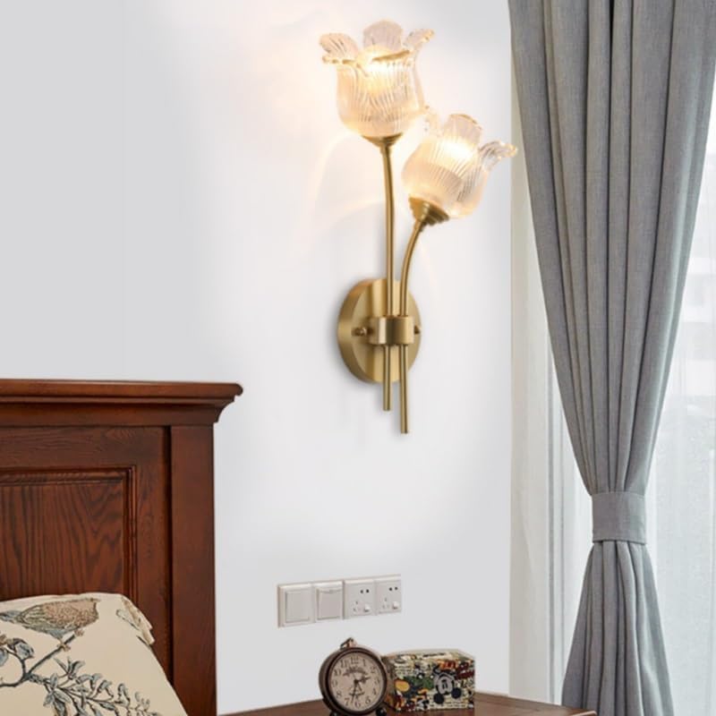 Applique da Parete per Interni, Camera da Letto, corridoio 2 - Paralume in Vetro Moderno a Forma di Fiore, Camera dei Bambini, Lampada da Parete Doppia Dorata nordica per Comodino