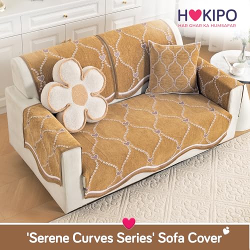 Image of HOKIPO Complete (Seat+Back+Arm) Sofa Mat Set for 2 Seater Sofa |Premium Chenille Sofa Covers with Curve Edges, 'Serene Curves Series' - Love Trails (IN-995+1002+1001 * 2 - D2)