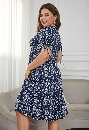 Image of Keluummi Plus Size Summer Wedding Guest Midi Dresses for Curvy Women, Floral V Neck Party Sundress
