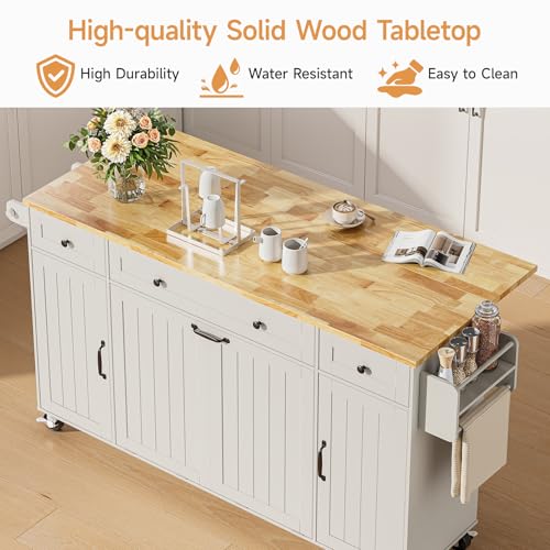 ONBRILL 69" Kitchen Islands with Dual Trash Cabinets, Rolling Island Cart with Large Storage, Dining Table with Solid Wood Drop Leaf, Bar Table with Power Outlet & Spice & Towel Rack, White