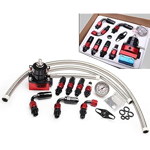 WENJTP EFI Fuel Pressure Regulator Kit with 0-100psi Pressure Gauge AN6-6AN Aluminum Adjustable Universal Fuel Line Hose Fitting Connectors Kit Black&Red HTRACING Cover