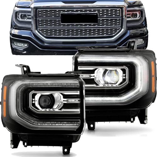 Upgrade Facelift Full LED Projector Headlight, For 2014 2015 GMC Sierra 1500 Head Lights Headlamp Assembly Black Housing Amber Reflector, Replace GM2502394, GM2503394