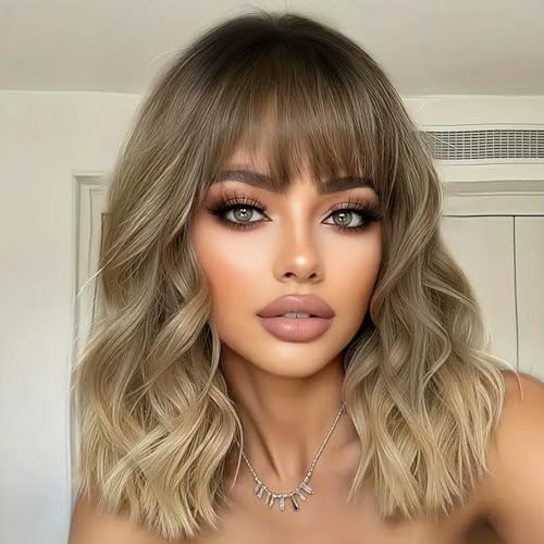 Image of AISI HAIR Synthetic Wavy Curly Bob Wig with Bangs Ombre Blonde Mixed Short Hair for Women Synthetic Heat Resistant Bob Wigs