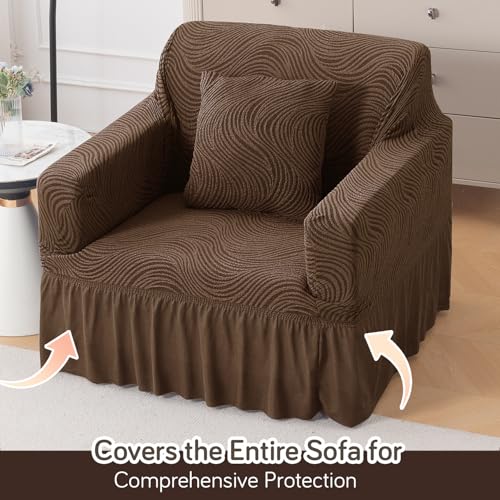 Image of HOKIPO 240 GSM Premium Jacquard Fully Covered Stretchable Frill Sofa Cover for 1 Seater, 'Serene Wave Series' Pecan Brown (AR-6352-BR)