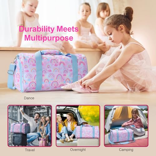Image of Bagseri Dance Bag for Girls - Kids Duffle with Shoe Compartment, Gymnastics Tote for Sleepover Travel with Water Resistant Wet Pocket (Light Purple Blue Rainbow)