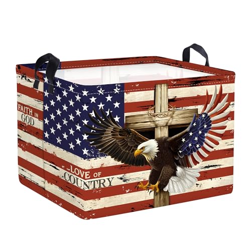 Image of Memorial Independence Day Baby Gift Basket Empty Retro America Flag Patriotic Storage Bin Gnome Rectangle Clothes Toy Book Shelf Basket, Eagle, 36L