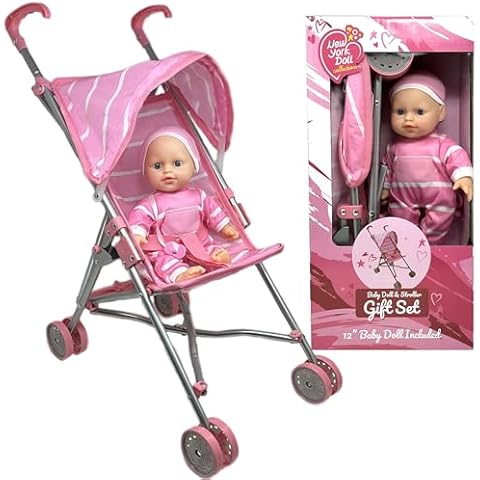 Baby Doll and Stroller Set - 12" Baby Doll with Pacifier Gift Set - Pink Fabric Baby Stroller Toy for Kids - Foldable Play Stroller for Dolls with Canopy - Baby Doll Stroller for Toddlers, Girls Cover