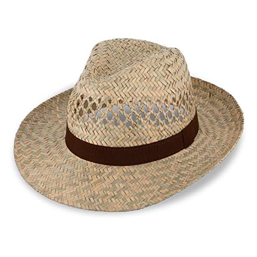 fiebig Fedora Straw hat with Brown Ribbon | Sun hat for Men and Women in 100% Straw | Bogart hat Made in Italy | Summer hat with Wide Brim in Many Sizes | Color Natural (63-XXL)