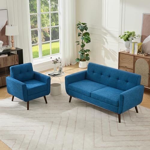 Image of Kingfun Living Room Furniture Sets, Loveseat & Accent Chair, Mid Century Modern Decor Sofa Couches, Button Tufted Upholstered Furniture, Blue | linen fabric