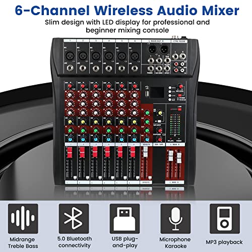 6-Channel Mixer Audio,Console With Bluetooth Usb,Audio Mixer With Effects, Dj Mixer,Dj Equipment For Computer Recording Input, 48V Power,Rca Input/Output For Professional And Beginners #TOP1