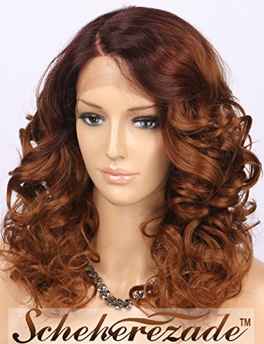 Scheherezade Short Bob Wavy Lace Front Wigs for Women, Natural Looking Ombre Brown Synthetic Hair Wig #4/#30 L Shape Deep Right Side Parting 12 inches (LDSL700) + Free Wig Cap