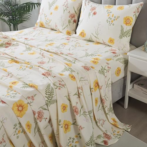 FADFAY Cal King Yellow Marigold Floral Percale Sheets
