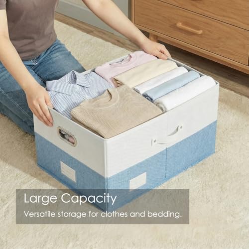 Image of PRANDOM Storage Bins with Lids [3-Pack] Linen Fabric Foldable Storage Boxes Organizer Containers Baskets Cube with Cover for Bedroom Closet Office White&Blue (23.4X15.9X11.4)