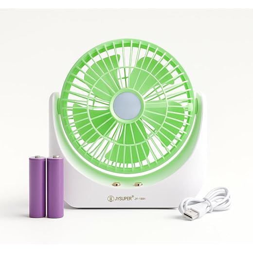 Schwan JY-1881 Rechargeable Table Fan with LED Light, 2400mAh Battery, 3 Speed Modes, 5 Blades, Strong Motor, Portable Desk Fan with Low/High Brightness, for Home, Office & Travel (3 Color) (Green)