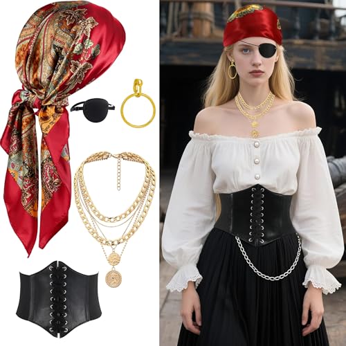5 Piezas Disfraz Pirata Mujer,Accesorios Pirata Mujer, Traje De Piratar, Diademas, Máscaras, Corset Bandana pirata, Collares, etc.Piratas son Adecuados para Juegos de rol de Halloween y Carnaval