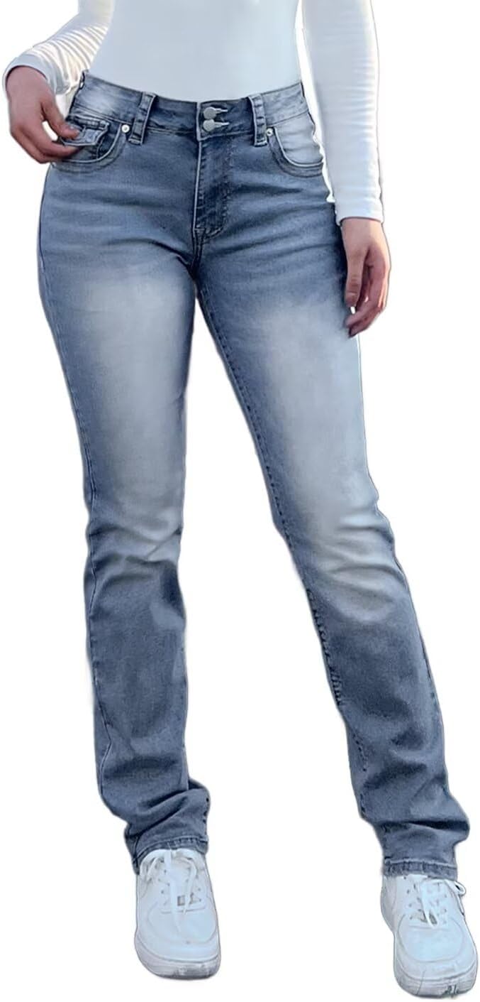 Flamingals Bootcut Jeans for Women Stretchy Mid Rise Double Button Wash Solid 90s Straight Leg Jeans