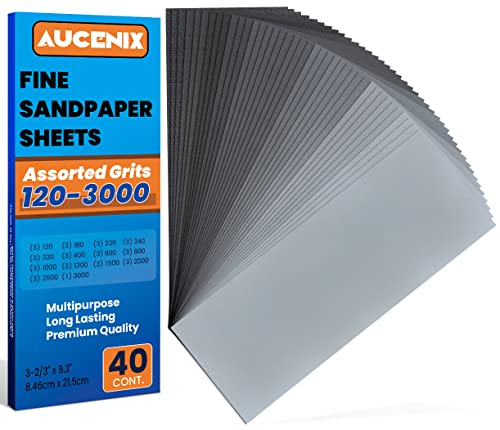 Aucenix Papel de lija de 40 unidades, 120 a 3000 granos mixtos para madera, hojas de papel abrasivo impermeables finas y gruesas, para paredes, plástico metálico