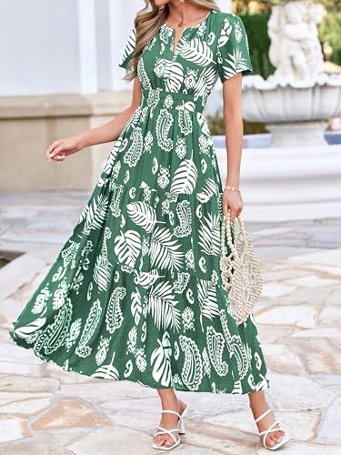 Image of BTFBM Womens Summer Floral Maxi Dresses V Neck Short Sleeve Boho Casual Flowy Long Wedding Guest Dress Beach Vacation