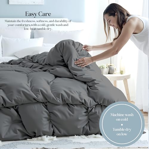 Image of ROYALE LINENS Comforter - Queen Size Duvet Insert - All Season Soft Quilted Comforters with 8 Corner Tabs - Down Alternative Bedding Comforter - Box Stitched Duvet Insert (Charcoal, Queen 88 inchx88 inch)