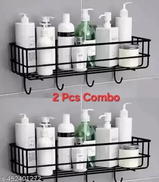 (Pack of 2) Steel Self-Adhesive Multipurpose Bathroom Shelf with Hooks/Towel Holder/Rack/Bathroom Accessories-Wall Mount - Pack of 2 (Black,Powder Coated)|BHR-P1008 1