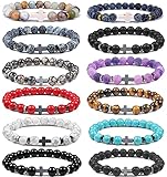 Jewdreamer 12Pcs 8MM Cross Beads Bracelet for Men Women Lava Rock Healing Gemstone Bracelet Tiger Eye Stone Howlite Crystal Stretch Bracelet Set