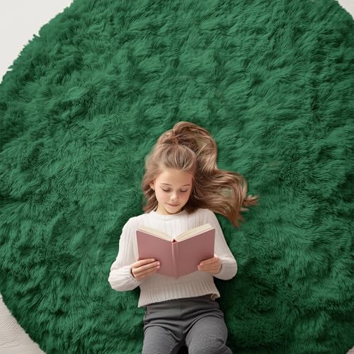 OLANLY Dark Green Round Rugs for Bedroom - Machine Washable, 6 ft Circle Area Rugs for Living Room, Soft and Fluffy Shaggy Carpet for Teen Girls and Boys, Nursery Rooms, Dorms, Home Decor Aesthetic