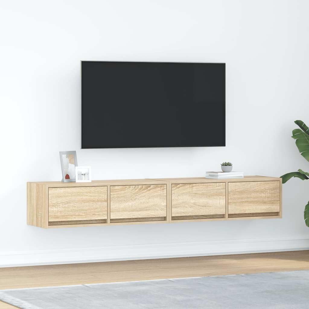 2er Set TV-Wandschränke Sonoma-Eiche 80cm - Schwebendes TV Board Lowboard hängend aus Holzwerkstoff - Modernes Media Möbel Wandboard für Wohnzimmer & Schlafzimmer - 80x31x25,5 cm