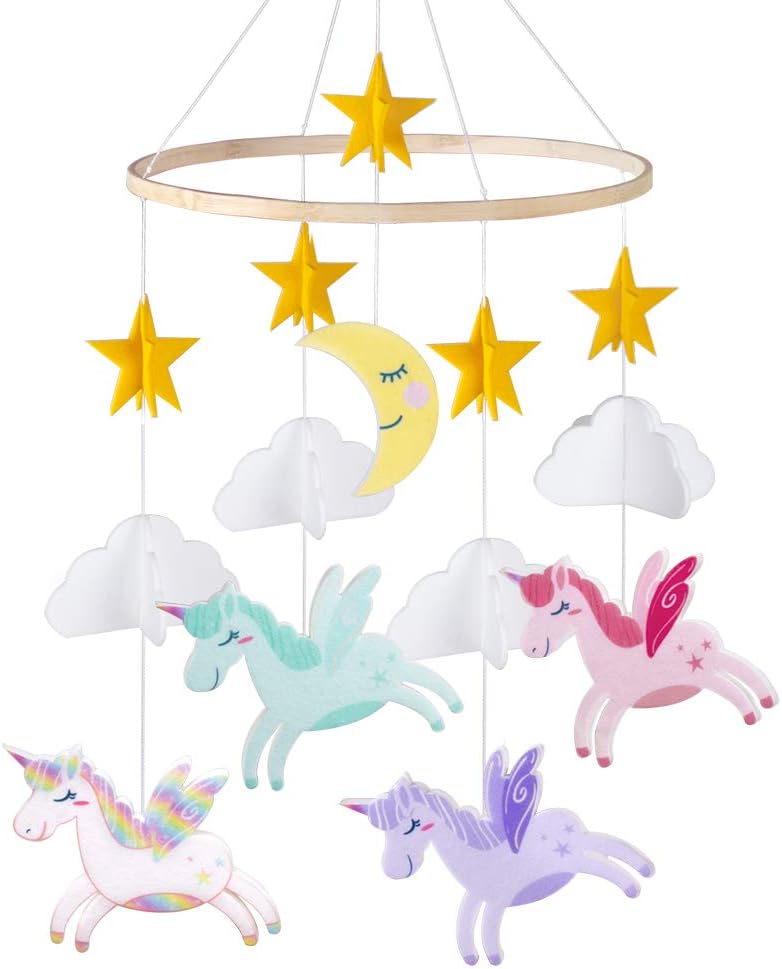 FIOBEE Baby Crib Mobile Unicorn Crib Mobile for Infant, Planets Baby Mobile Decoration for Boys and Girls Nursery Décor for Baby Shower Gift with Stars Cloud and Moon