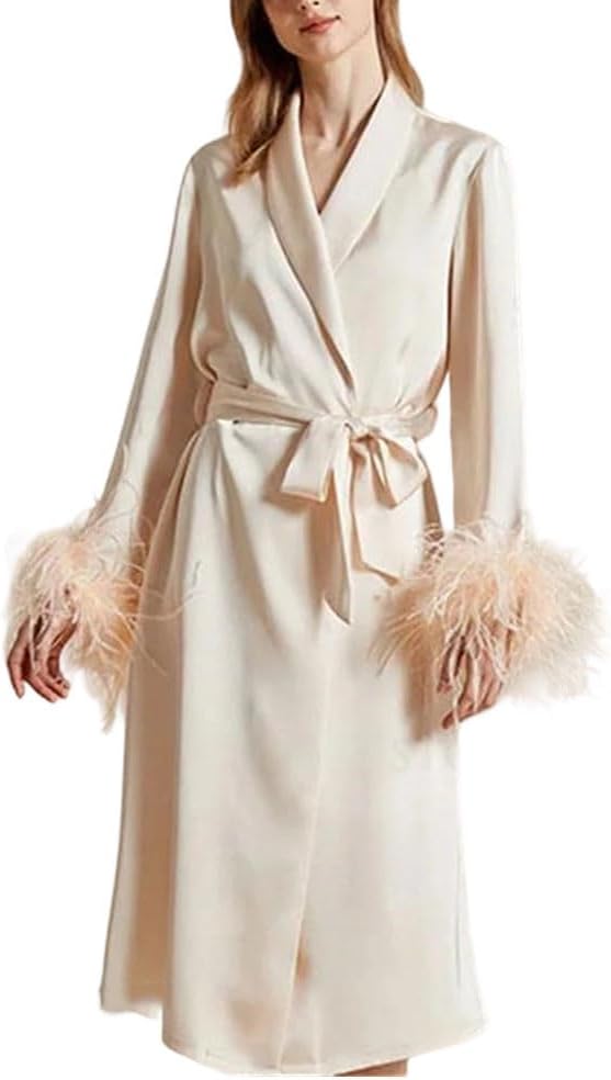 Women’S Satin Robe Nightgown Feather Cuff Lounge Sleepwear