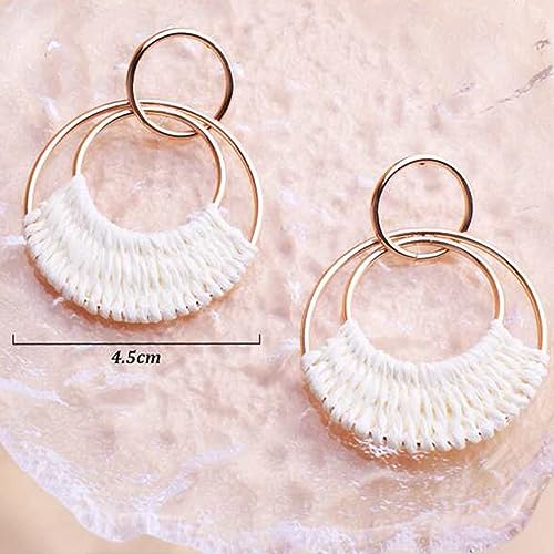 Rattan Earrings Boho Raffia Hoop Dangle Zinc Earrings For Women Girls Bohemian Raffia Braid Straw Wicker Round Drop Earrings Summer Beach Party Statement Earrings Jewelry,White #TOP4