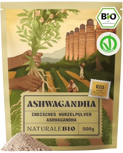 Produktfoto von NaturaleBio Ashwagandha Powder Organic 500 g. 100% Pure Root from India (Withania somnifera). Vegan, Gluten Free,&hellip;