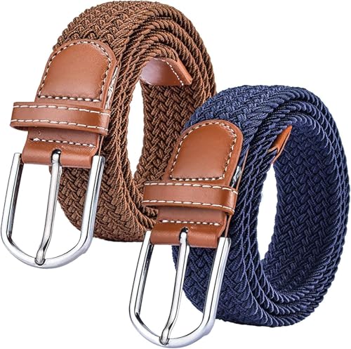 Chalier 2 Pack Womens Elastic Braided Belts Ladies Stretch Casual Woven No Holes Design Belts for Jeans Pants One Size Brown+blue