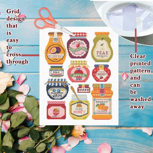 Image of FREEBLOSS 11CT Stamped Cross Stitch Kits Jam Pot Cross Stitch Ornament Kits with Instructions Embroidery Needlepoint Kit for Wall Hanging Home Decor 15.7x19.7inch