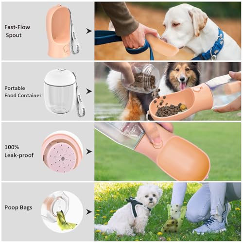 Image of 20oz Dog Water Bottle with Food Container & Poop Bag Dispenser | Leak-Proof Portable Pet Water Dispenser with Carabiner Clip | for Walking, Hiking, Travel (Peach, 20oz)