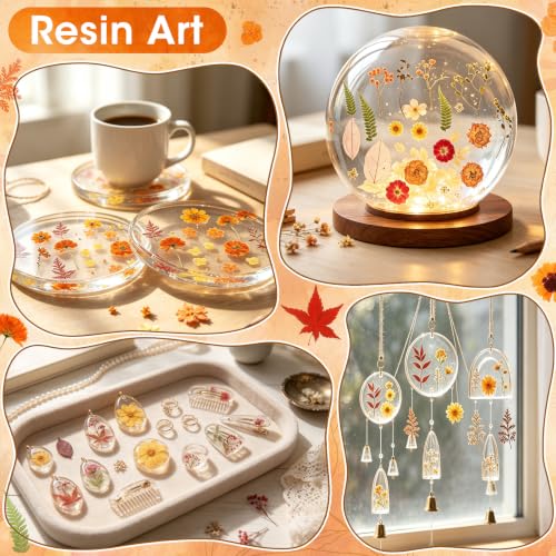 Image of 170 PCS Fall Dried Pressed Flowers with Tweezers, Real Nature Dried Flowers Orange Autumn Pressed Florals Set for Resin Scrapbooking Vase Candle Making Card Scrapbook Craft Floral Decors