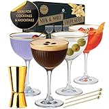 VEMACITY Juego de 4 vasos de cóctel acanalados Nick & Nora con bordes dorados y herramientas de bar, juego de 4 vasos acanalados Nick y Nora (5.1 onzas) | Versátil vino de Oporto, jerez, vino, Negroni