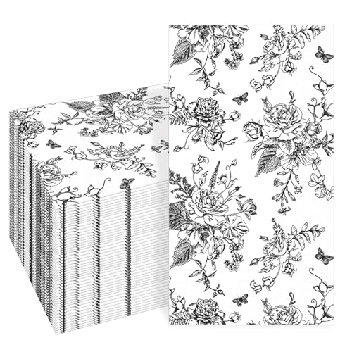 SMUAENSS 100 PCS Black Napkins Disposable, Black White Wildflower Paper Napkins 3-Ply Paper Towels Home Party Guest Bathroom Napkin Bridal Shower Wedding, Chinoiserie Napkins