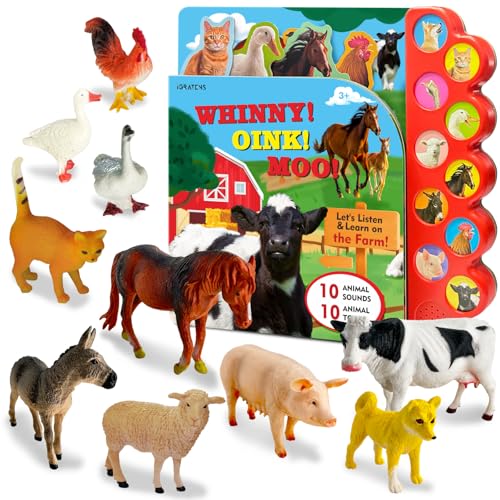 iGRATENS Figuras de animales de granja con libros de sonido, 10 animales de granja para niños pequeños y libros de sonido de animales con 10 botones, animales de plástico, juguetes de granja para