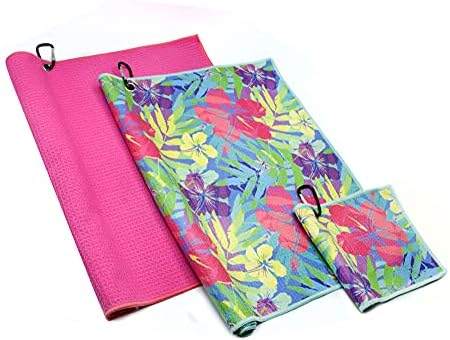 Playing It Forward Golf Towel with Clip for Golf Bags for Men & Women, Tropical Floral with Pink Solid, 2 Microfiber Towels & 1 Ball Towel, Set of 3, Super Absorbent, Quick Dry