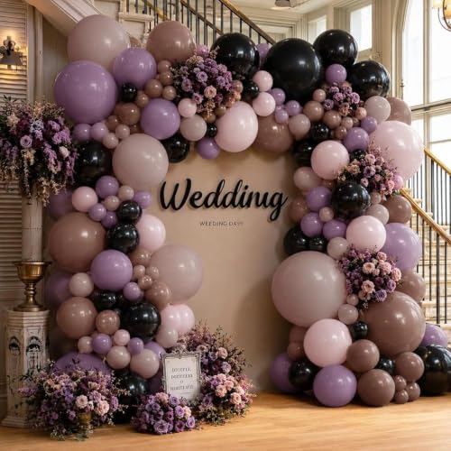 Image of Black Pink Balloon Arch Double Stuffed Dusty Rose Purple Brown Balloon