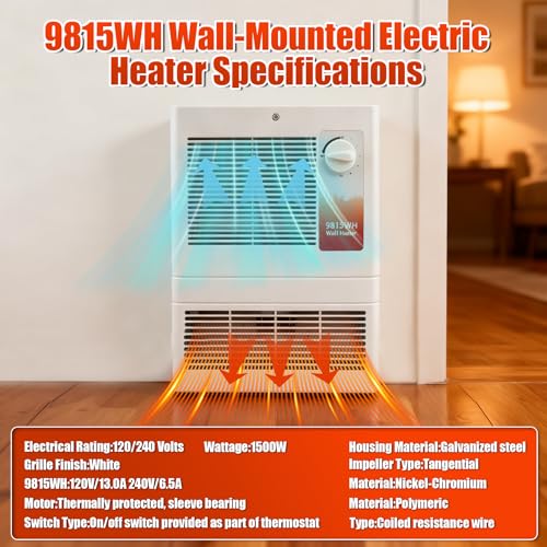 9815wh High Capacity Wall Heater,Wall-Mounted Electric Heater with Built-In Adjustable Thermostat and Silent Motor Suitable for Kitchen, Bedroom, Study, Living room 1500W,120/240V Voltage,White by Atdsetr - Used condition - Image 5