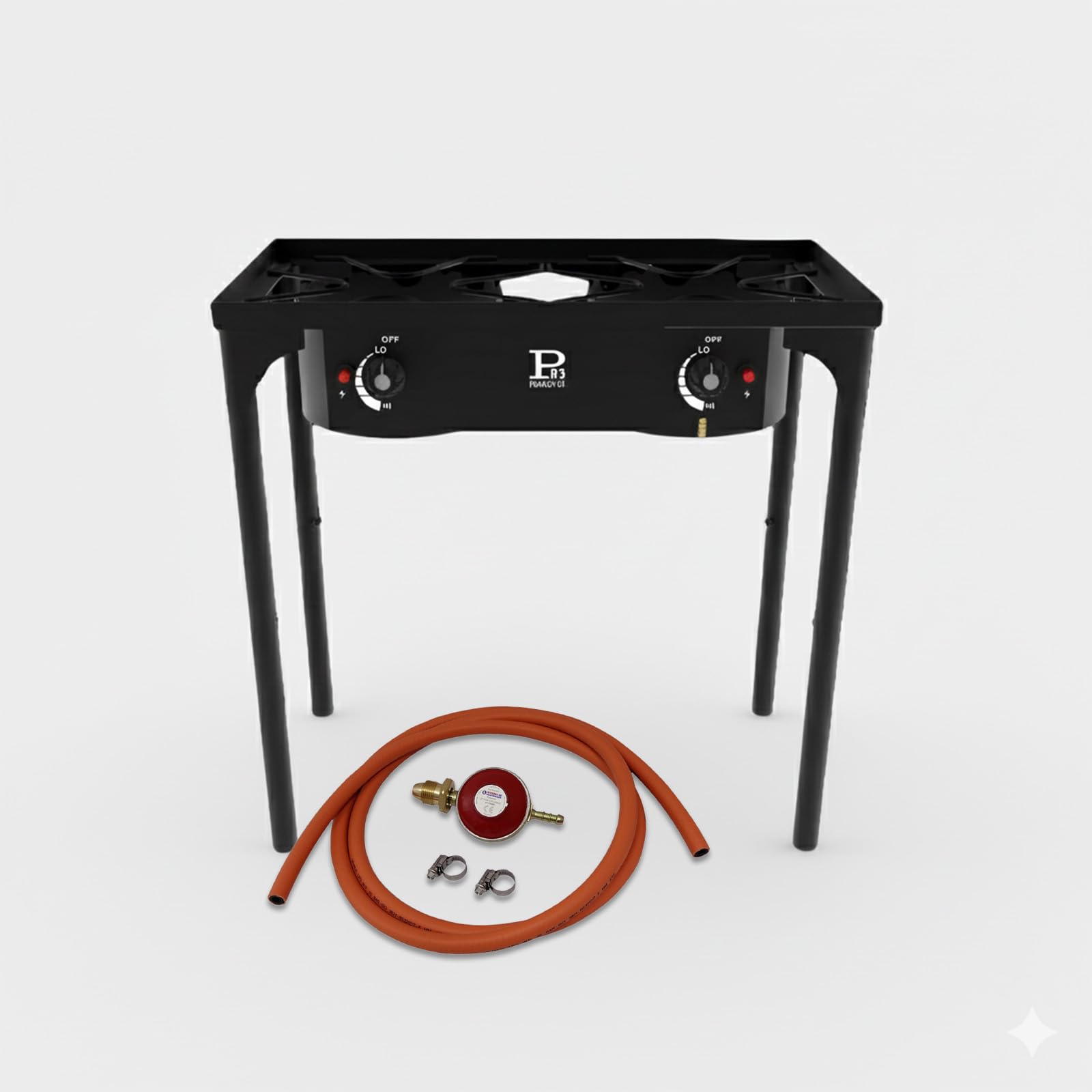 INTERGAS Double Burner Gas Stove – 2 x 145mm High-Power 9KW Burners with Adjustable Legs, Piezo Ignition, Wind Protection, Hose & Regulator Included – Durable Iron Frame for Indoor & Outdoor Cooking