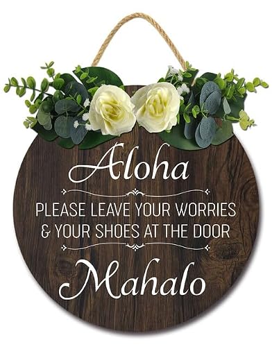 Soliyoahee Spanish Wood Sign Aloha Please Leave Your Worries and Shoes At The Door Sign 12inch Rustic Round Wooden Wreaths Wall Art for Farmhouse Porch Entryway Home