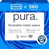 Pura Carta Igienica Umidificata, 560 Salviette (14 x 40 Salviette), Salviette per la Pulizia Della Pelle Sensibile, Certificate 'Fine to Flush', Completamente Prive di Plastica, Biodegradabili