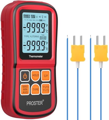 Proster Digital Thermocouple Temperature Thermometer Dual Channel - with Two K-Type Thermocouple Probe, Backlight LCD Thermometer for K J T E R S N Type
