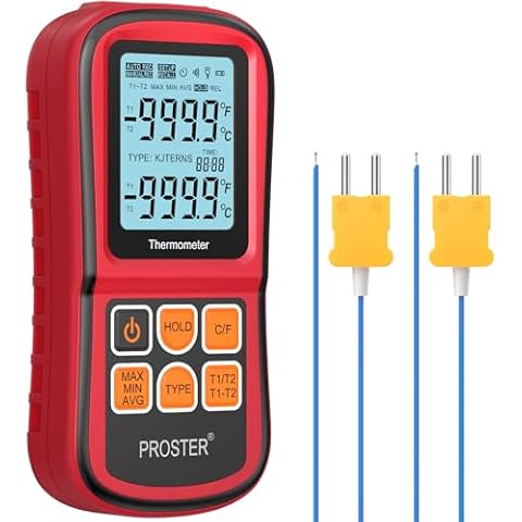 Proster Digital Thermocouple Temperature Thermometer Dual Channel - with Two K-Type Thermocouple Probe, Backlight LCD Thermometer for K J T E R S N Type Cover