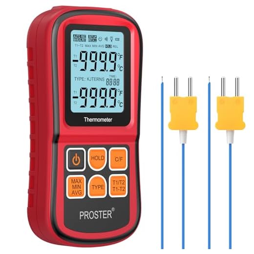 Proster digital termometer dubbelkanals termometer med två K- typ termoelement temperaturmätare med LCD-bakgrundsbelysning för K/J/T/E/R/S/N termoelement