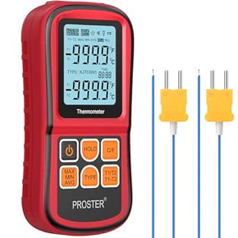 Proster Digital Thermometer Dual Channel - K-Type Thermocouple Temperature Meter -50℃~1300℃ with 2 Probe, LED Backlight & Hold Data Thermocouple Thermometer for HVAC, Pool, Pottery & Industrial Use