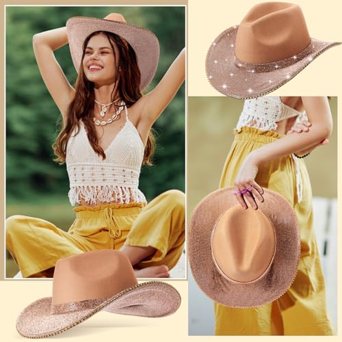 Image of Hercicy Rhinestone Cowboy Hat with Diamond Fringe CowHat for Cosplay Wedding circumference between 21.5 and 23.5 inches